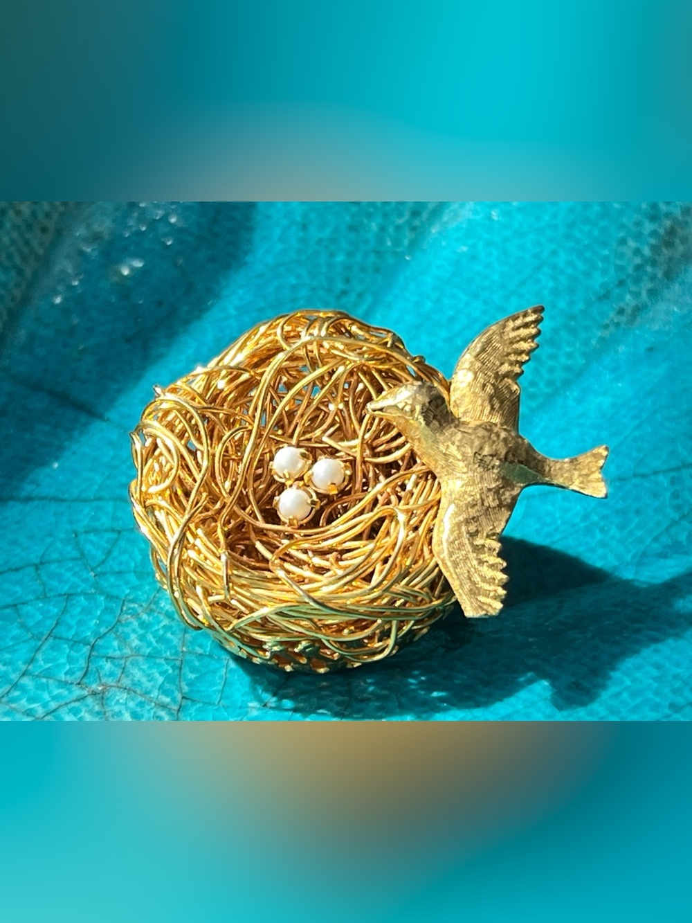 Vintage Gold Bird Nest Brooch with Pearl Egg Accents